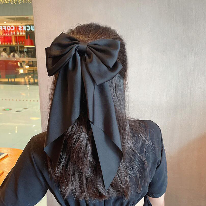 Vintage Zwarte Grote Grote Satijnen Strik Haar Clip Voor Vrouwen Meisjes Bruiloft Lange Lint Koreaanse Haarspelden Baret Haar Accessoires