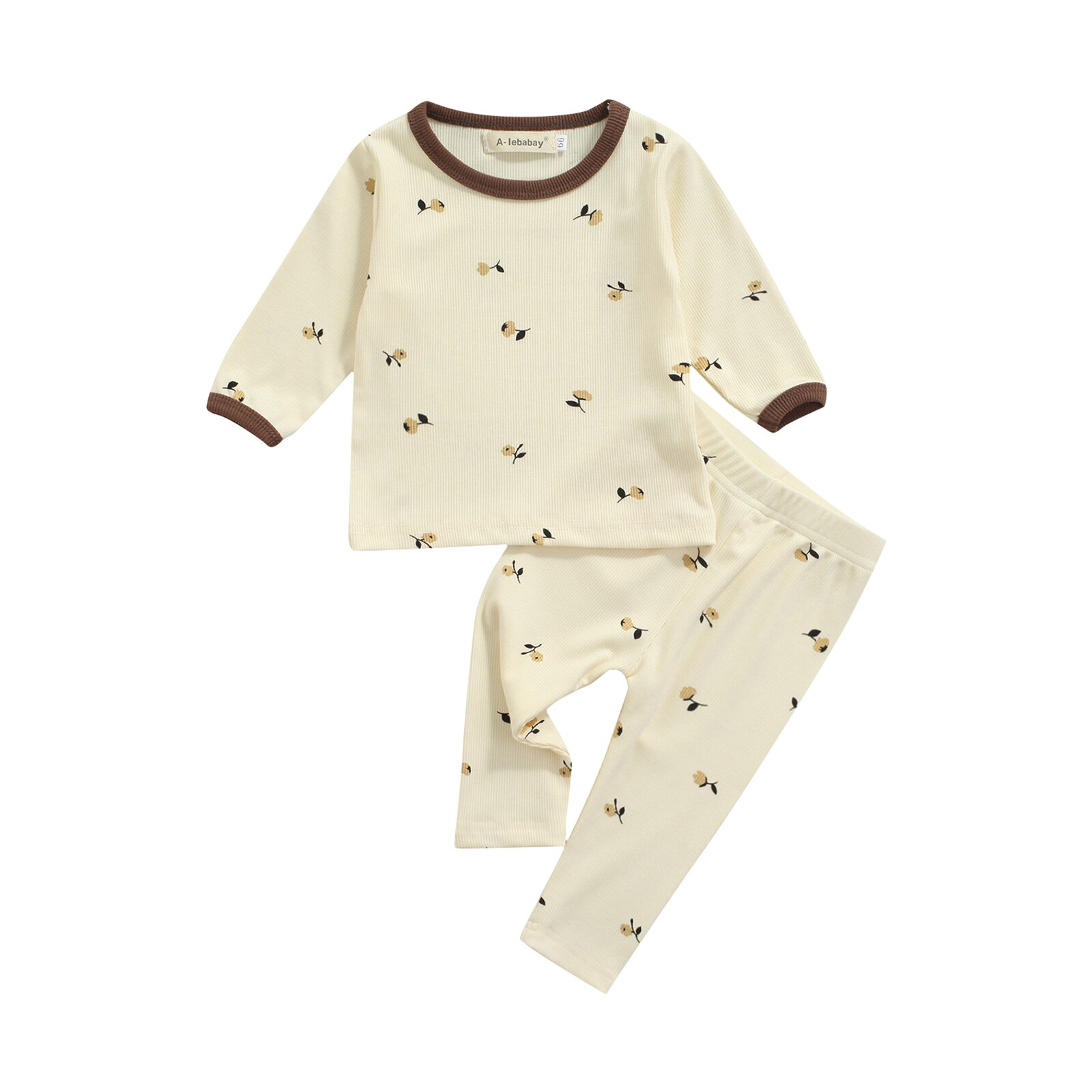 2 stk pyjamassæt til spædbørn, pyjamassæt til spædbørn, afslappet babypiger, langærmet t-shirt med rund hals og bukser 9m-4y: Beige / 12m