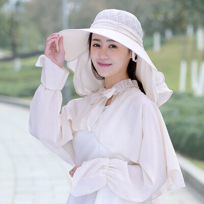 SUOGRY-Sombrero de sol con agujeros para mujer, Anti UV de protección solar, traje con chal: beige