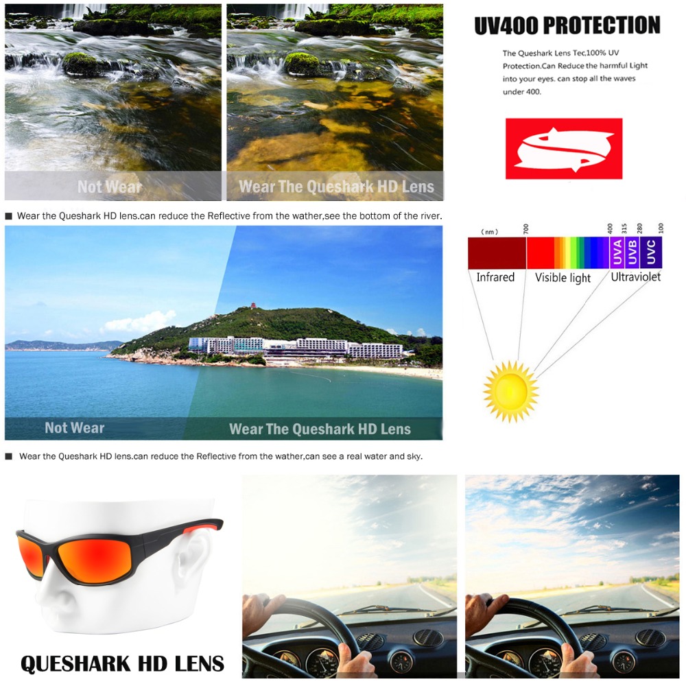 Queshark Gepolariseerde Vissen Zonnebril Mannen Vrouwen Klimmen Camping Wandelen Eyewear Visser Bril UV400 Bescherming