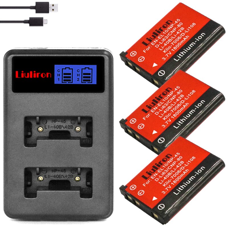 Batería de 1800mAh EN-EL10 EN EL10 LI-42B LI 42B 40B para nikon OLYMPUS U700 U710 FE230 FE340 FE290 FE360: charger and 3battery