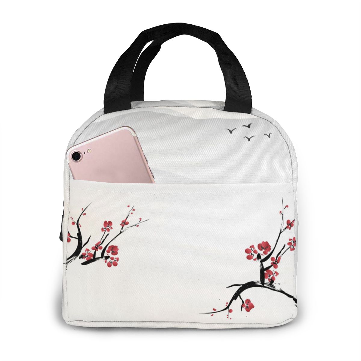 Draagbare lunchtas japanse inkt schilderij sakura en bergen thermisch geïsoleerde lunchbox tas lunchcontainer voedsel opbergtas: Zwart 2
