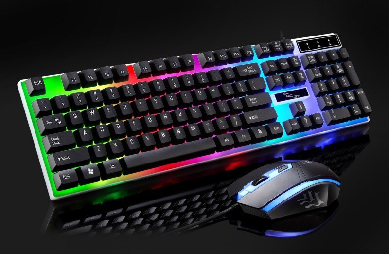 Keyboard Mouse Set,Cloudro G21 LED Rainbow Color Backlight Gaming Game USB Wired Keyboard Mouse Set 104Keys (Black/White): Black