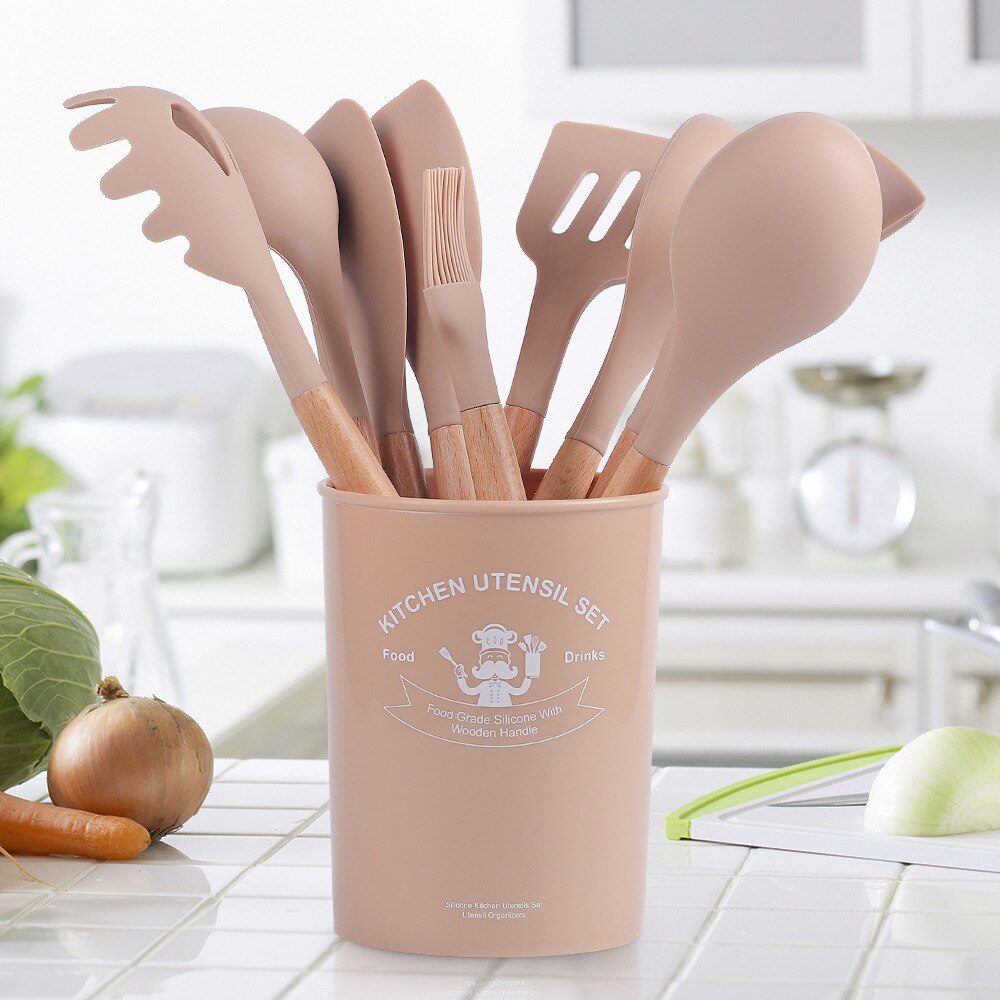 Utensilios de cocina antiadherentes de silicona, cuchara densa, espátula, batidores de huevos con mango de madera, vajilla: Khaki