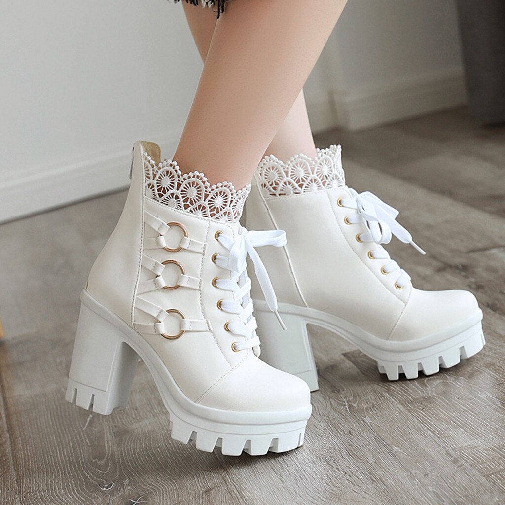 Bota feminina gótica coreana, calçado renda cor pura salto alto moderno inverno sapatos # g4