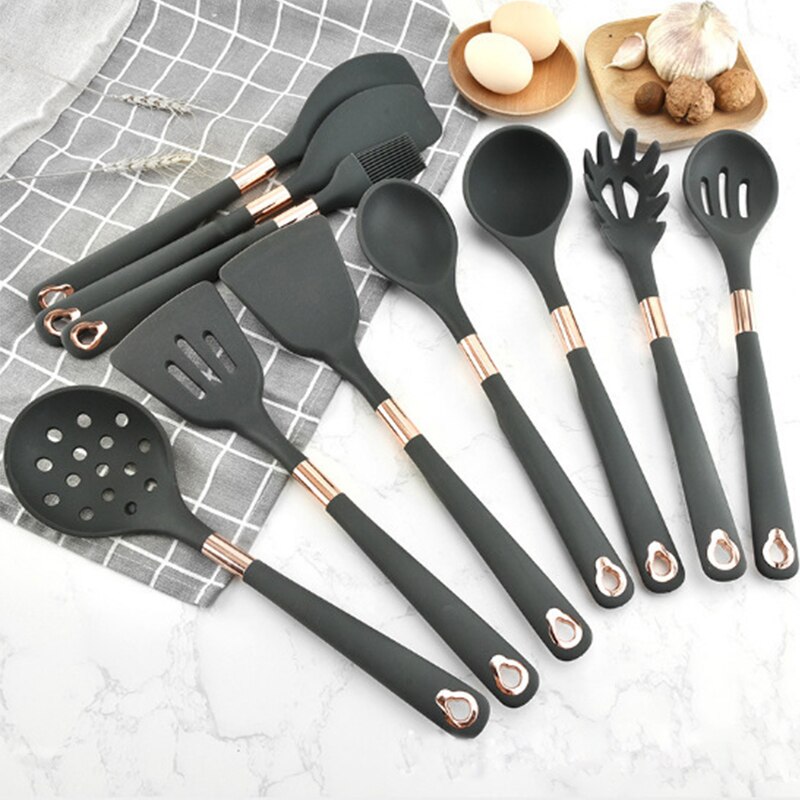 Zwarte Goud Keuken Kookgerei Siliconen Keukengerei Non Stick Plated Kookpot Set Spatel Pollepel Ei Kloppers Schop Gebruiksvoorwerpen Sets