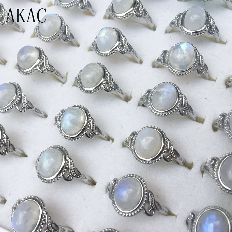 3pcs/set AKAC natural rainbow moonstone adjustable ring for women white copper ring send randomly