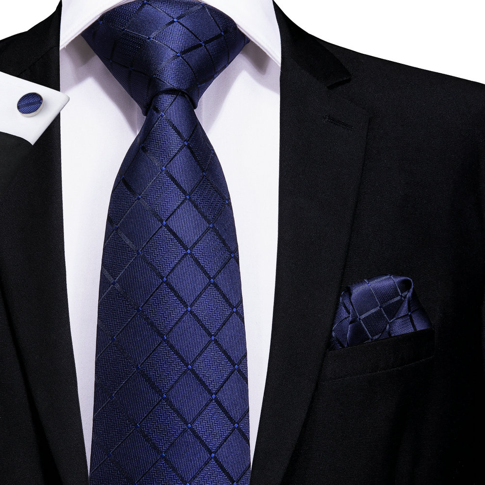 Hi-tie laivastonsininen ruudullinen miesten silkki kudotut siteet kiinteä kravatti kravatti setti kalvosinnapit solmio klipsi miehelle mies hb -1656
