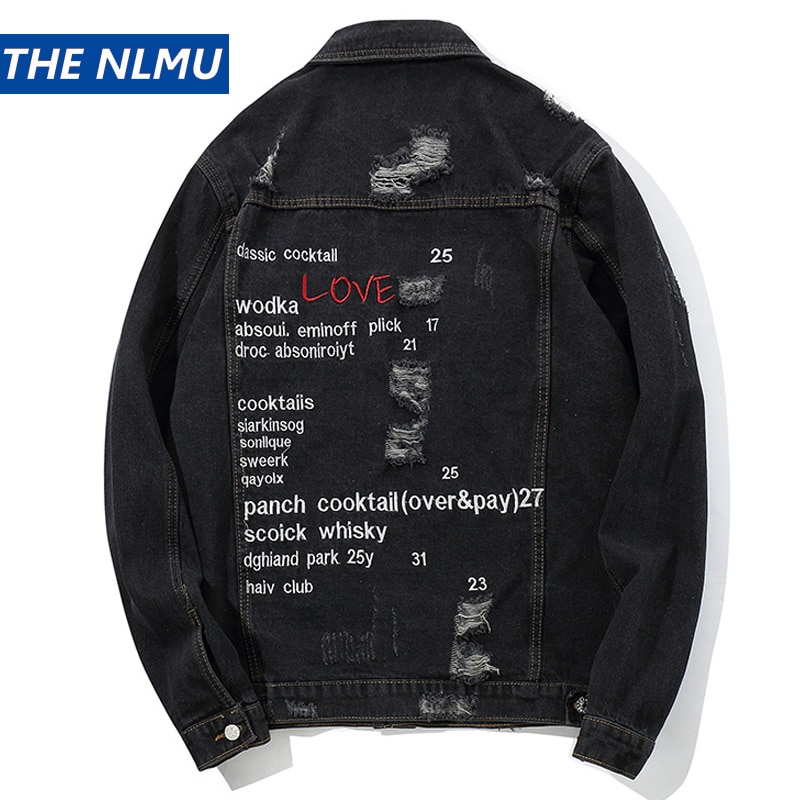 Chaquetas vaqueras con bordado de Hip Hop, abrigo vaquero para hombre con agujeros rasgados, Otoño , Chaquetas vaqueras para hombre, bordado HW340