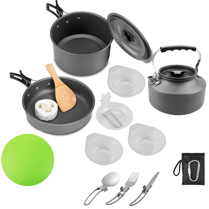 14/3 PCS Camping Cookware Outdoor Aluminum Portable Cookware Kettle 2-3 People Hiking Anti-scald Equipment Spoon Frying Pan: Black A
