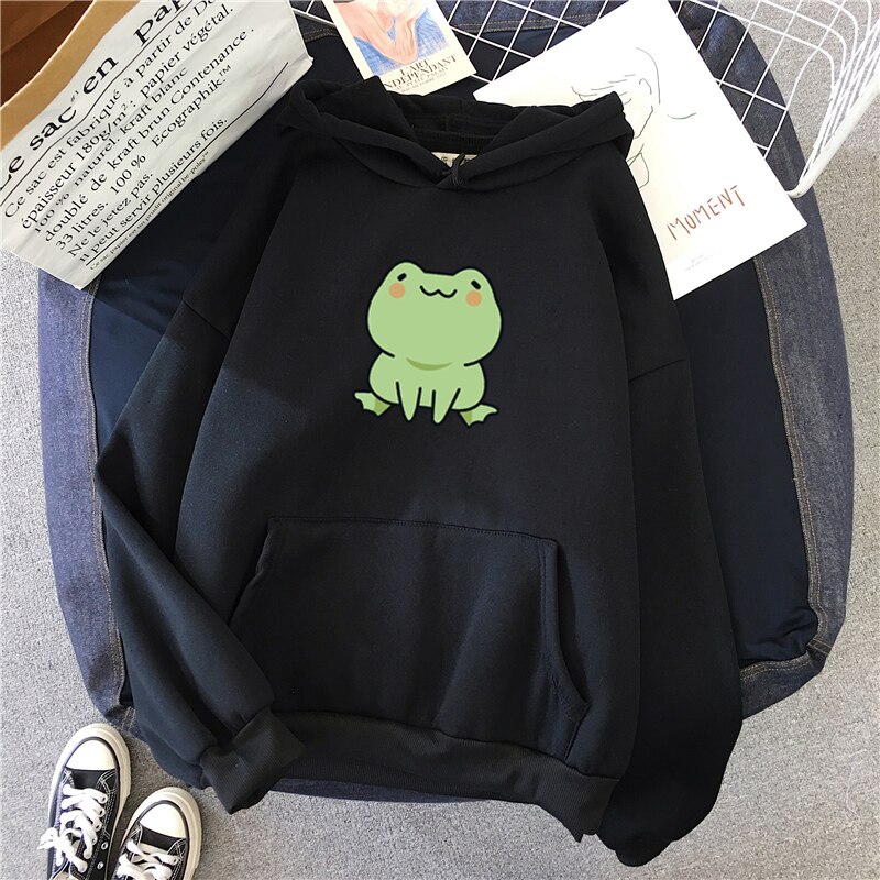 Sweat-shirt grenouille, vêtements de dessin animé, Harajuku, manches longues, capuche Kawaii pour filles, sweat à capuche polaire d'hiver avec poche, hauts verts: L / Black