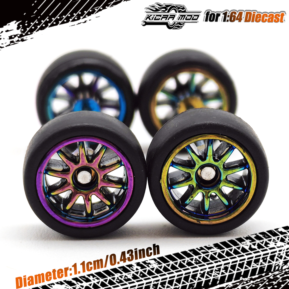 Ruedas de coche modelo 1/64, Color camaleón con neumáticos de goma, coche de juguete de carreras, piezas de modificación de rueda de fuego, 1 Juego: Verde