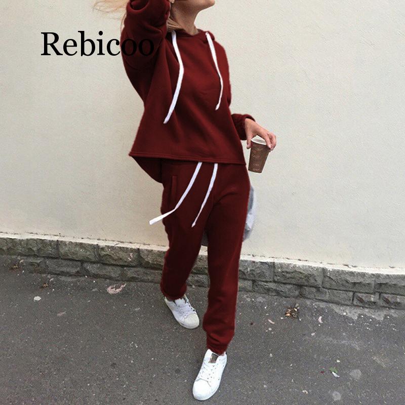 Rebicoo 2pcs Set Hoodies Loose Hooded Tops Sweatshirt+Solid Long Pants 2 Pieces Sets Women Clothing Suits Female Tracksuit