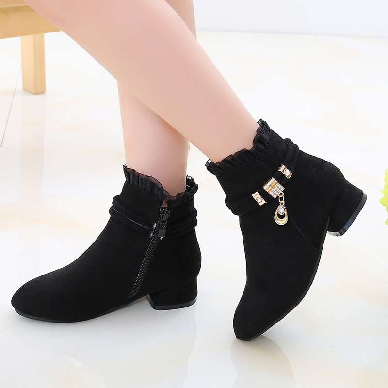 Chaussures princesse en dentelle à la cheville pour enfant, chaussures d'hiver pour fille 12 6 ans, à talons pour l'automne, bottes en cuir pour l'école
