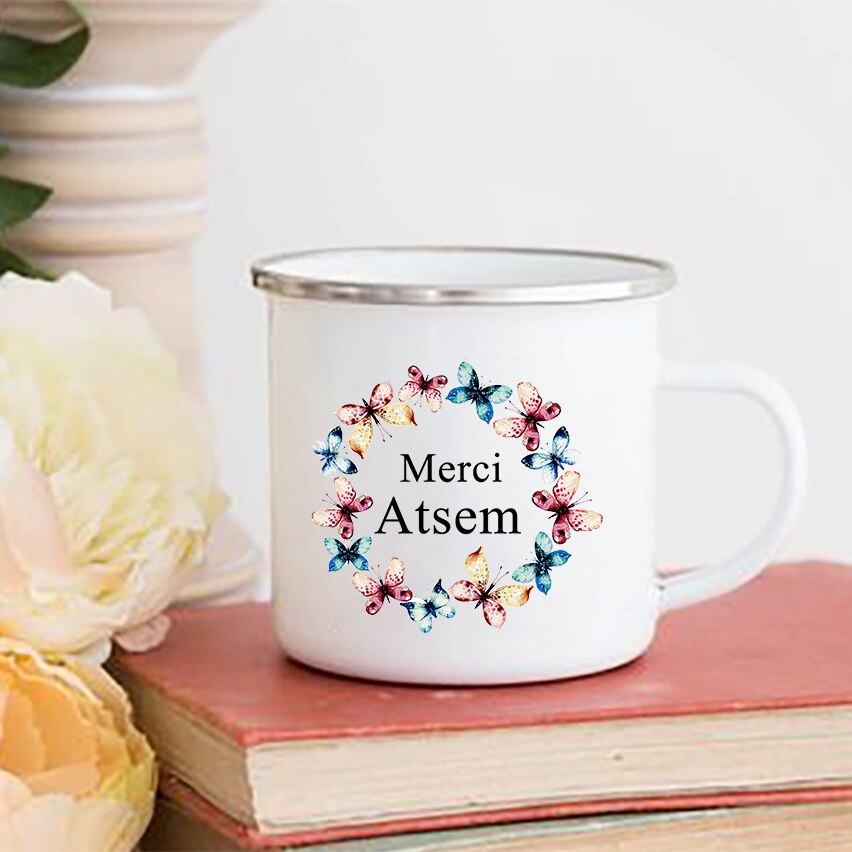 Merci atsem blomma tryck muggar kaffe te koppar drycker vatten mjölk kopp emalj mugg skolhandtag drinkware atsem: Xh10040-a015wh-8