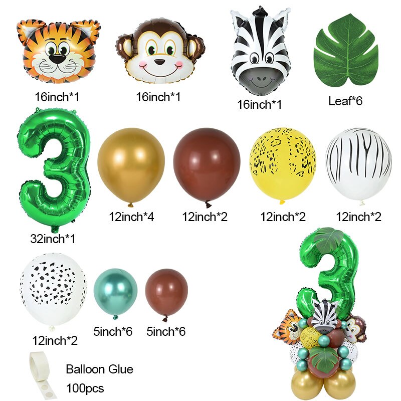 Conjunto de globos con número de animales de Safari para niños, decoración para de cumpleaños de 1 a 9 años, suministros para Baby Shower, 35 piezas: Number3 Set