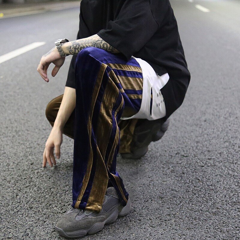 Bunn glidelås fløyel bukser med brede ben herre side skjøtet stripe rett bukse løs tilfeldig elastisk midjebukser hip hop streetwear