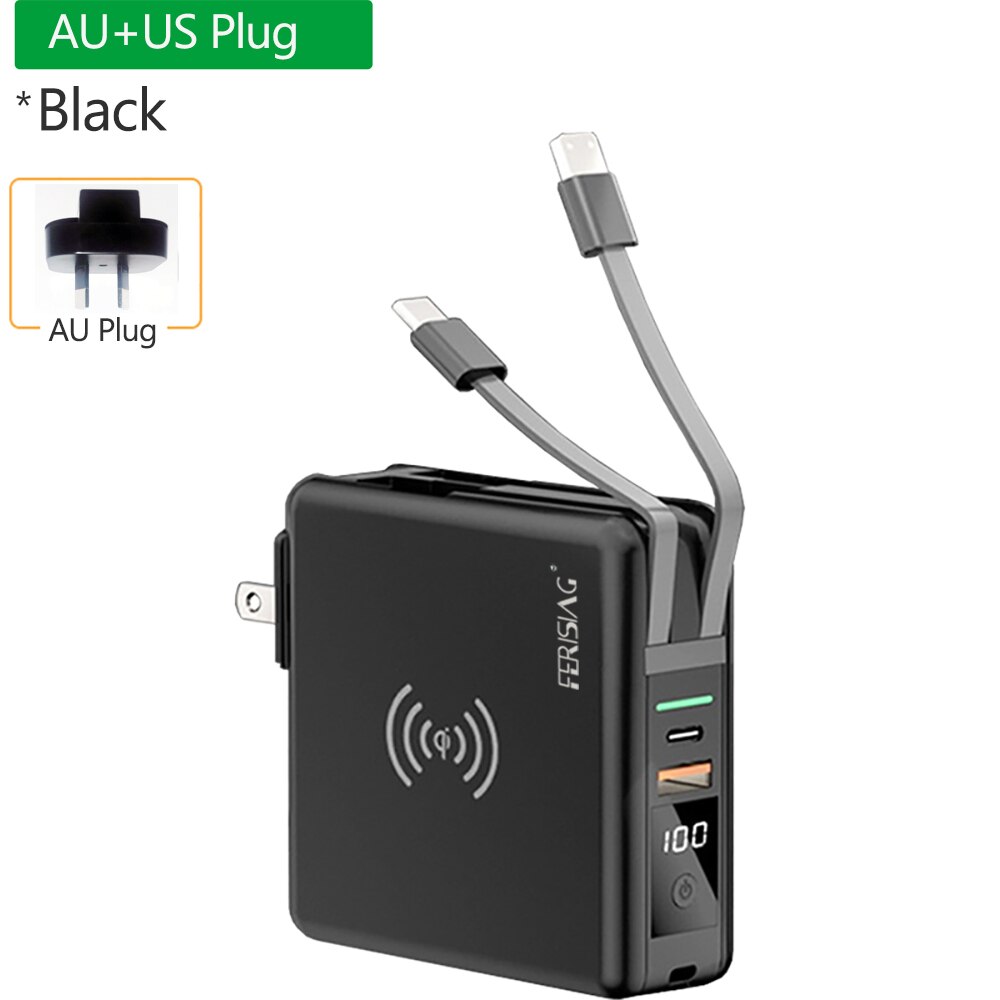 FERISING 10000mAh 15W Wireless Power bank + PD Fast Quick Charge Type-C USB C QC3.0 Powerbank for iPhone Samsung Xiaomi Charger: AU Plug Black