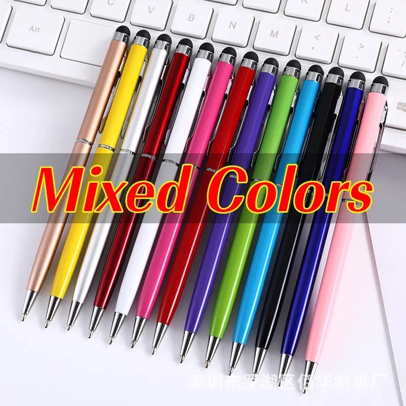 20-200 pennen per pakket Mini metalen 2-in-1 Stylus Universele balpen Aangepast logo Tekstgravure Kantoor School Reclamepen: Peachy / Black