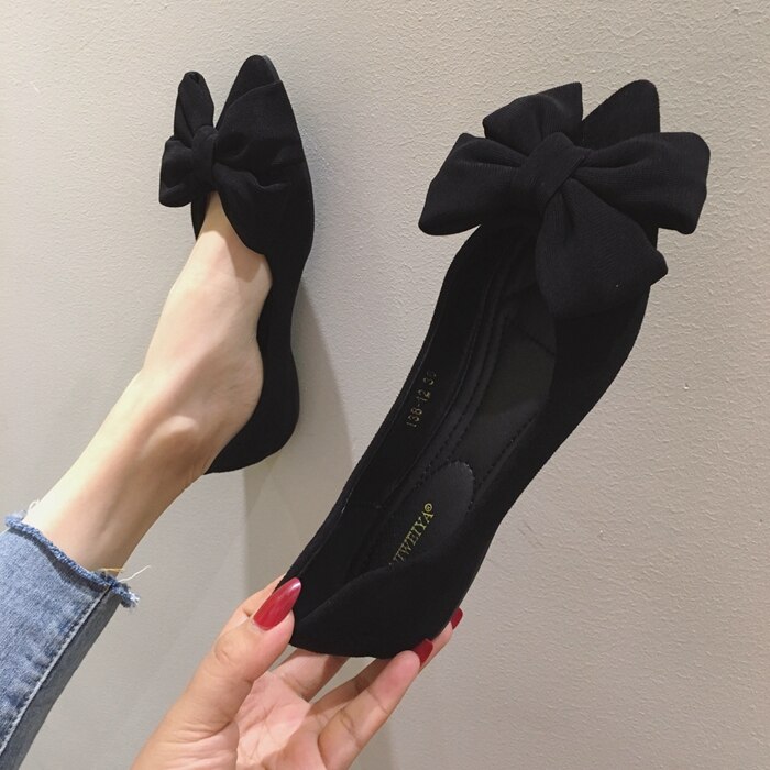 big bowknot sping single shoes woman suede leather shallow mouth ballet flats solid color scarpe donna loafers women: Black / 7.5