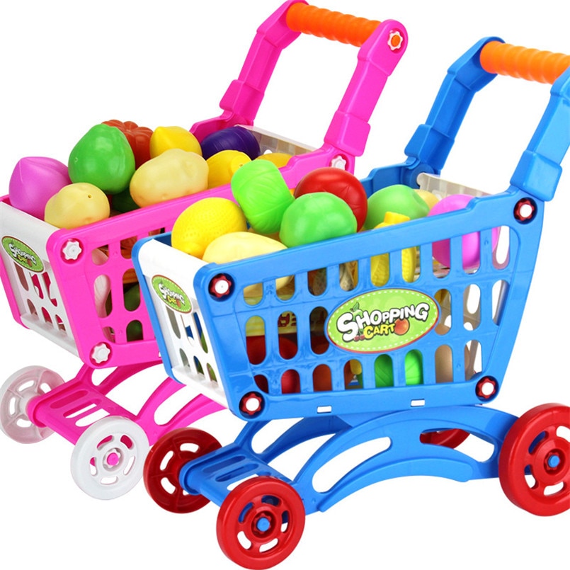 16Pcs Supermarkt Winkelwagentje Trolley Push Speelgoed Simulatie Fruit Groenten Pretent Play Boodschappen Speelgoed Voor Meisje Kids