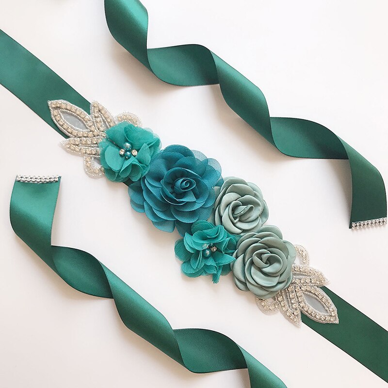 Bröllopsbälten blomma satin bröllopsklänning bälte brud strass band skärp gördel bälte för fest brudtärna kvinnor klänning: Grön
