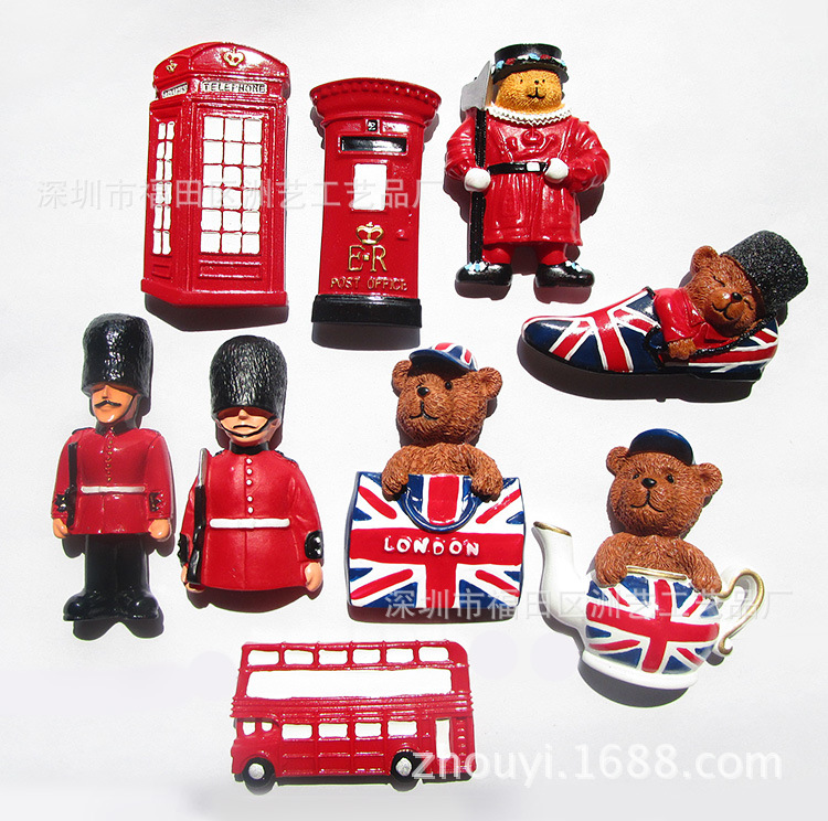Aimant de réfrigérateur anglais, Bus de londres, soldat britannique, ours mignon, cabine téléphonique, Souvenir touristique, autocollants de réfrigérateur stéréo en résine