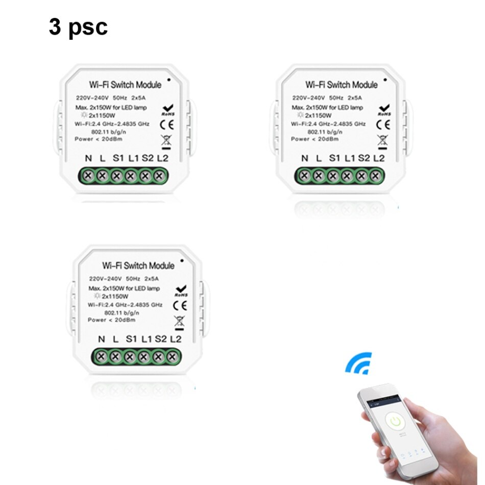 KKMOON 220-240V WIFI Intelligente Licht Schalter DIY Unterbrecher Modul APP Fernbedienung 2 Gang 2 Weg 2 * 5A: 3 Stck