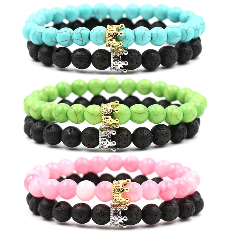 8mm 2 stk/sæt par mikro indsat zirkon krone armbånd klassisk natursten elastisk kvinder charm perler armbånd til mænd smykker