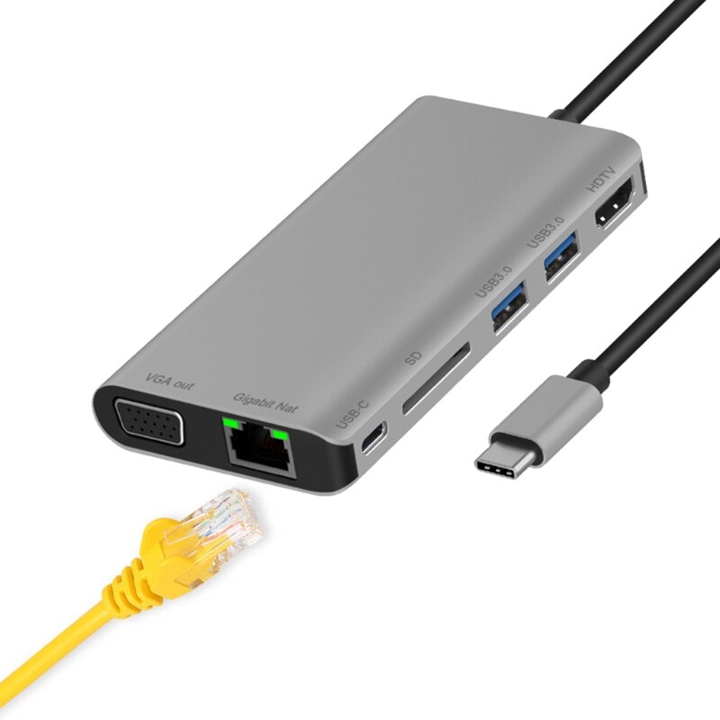 Tipo-c multi-função dock station com cartão usb3.0x2/sdx1 + hdmi/vga + jack 3.5 + rj45 + tipo-c (pd) porto