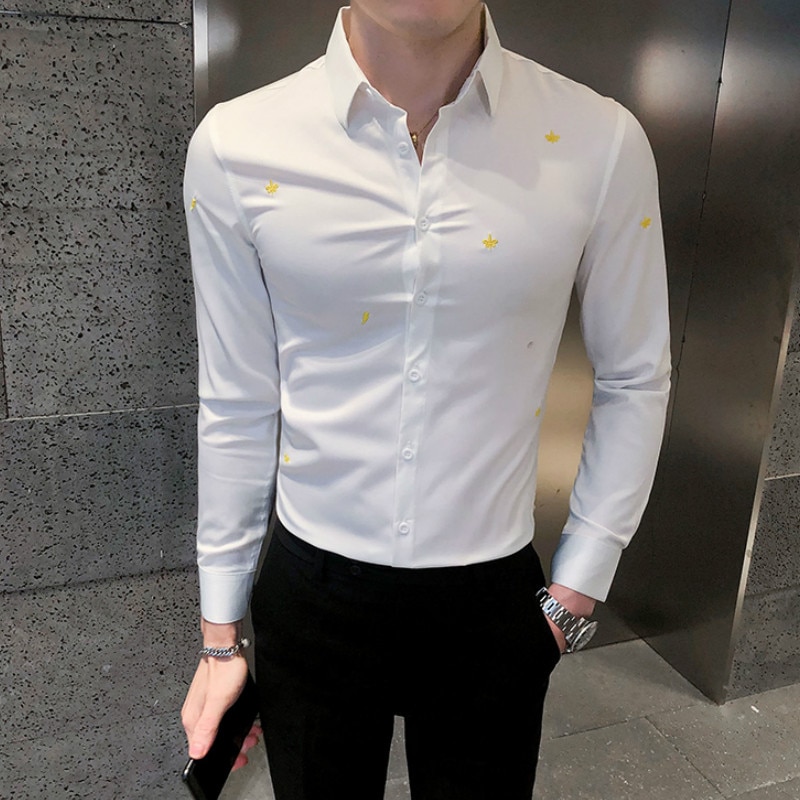 Krone broderi mænd skjorter lange ærmer business formel dress skjorter afslappet slim fit skjorte streetwear camisas para hombre