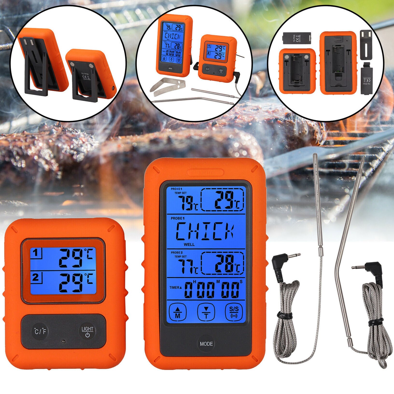 Draadloze Digitale Koken Vlees Thermometer Alarm Timer Dual Probes Voedsel Bbq Oven