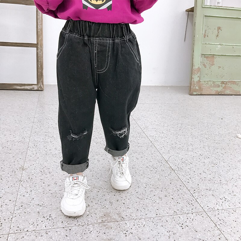 2 3 4 5 6 år svarta cowboy jeansbyxor barn jeans tjej enkla småbarn slitna jeans pojkar bebis höst barn byxor
