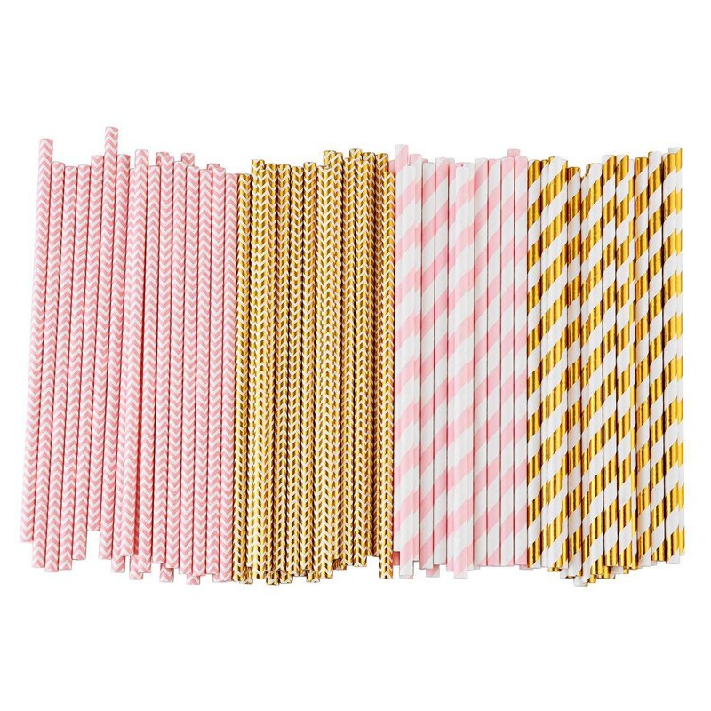 Biologisch afbreekbare papieren rietjes , 100 roze voor feestbenodigdheden, verjaardagen, bruiloften, bruids-/babyshowerdecoraties en vieringen