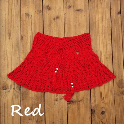 8 Color Hand Crochet Florens Skirt Women Sexy Beach cover up Skirt Boho Style elastic waistband: S / Red