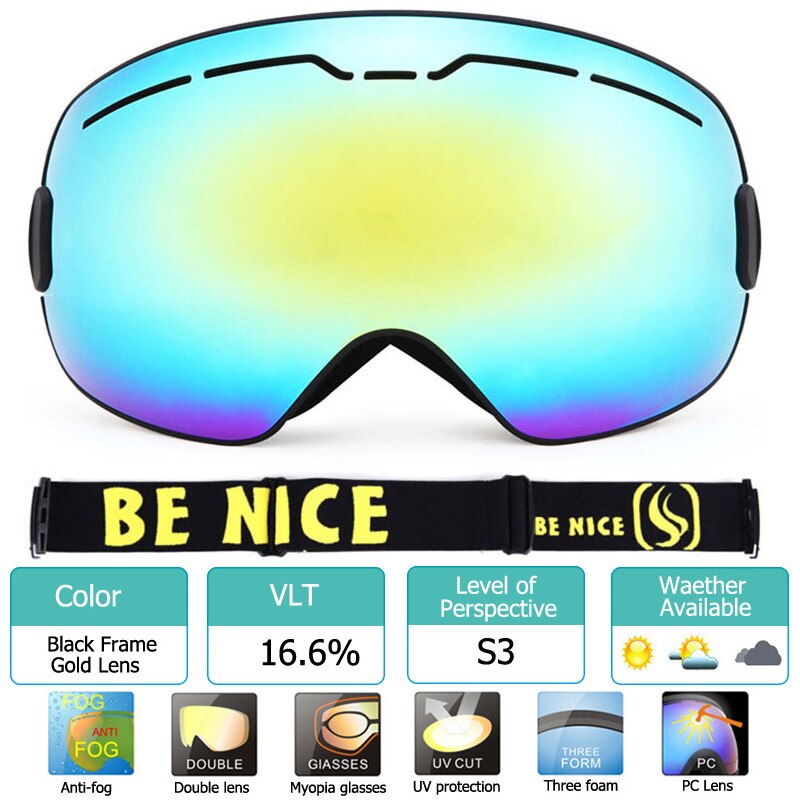 Uv400 anti-condens skibrillen met dubbele laag, grote lenzen, skibrillen met grote frame, sneeuwbrillen voor mannen, snowboardbrillen met spiegelcoating: Zwart geel