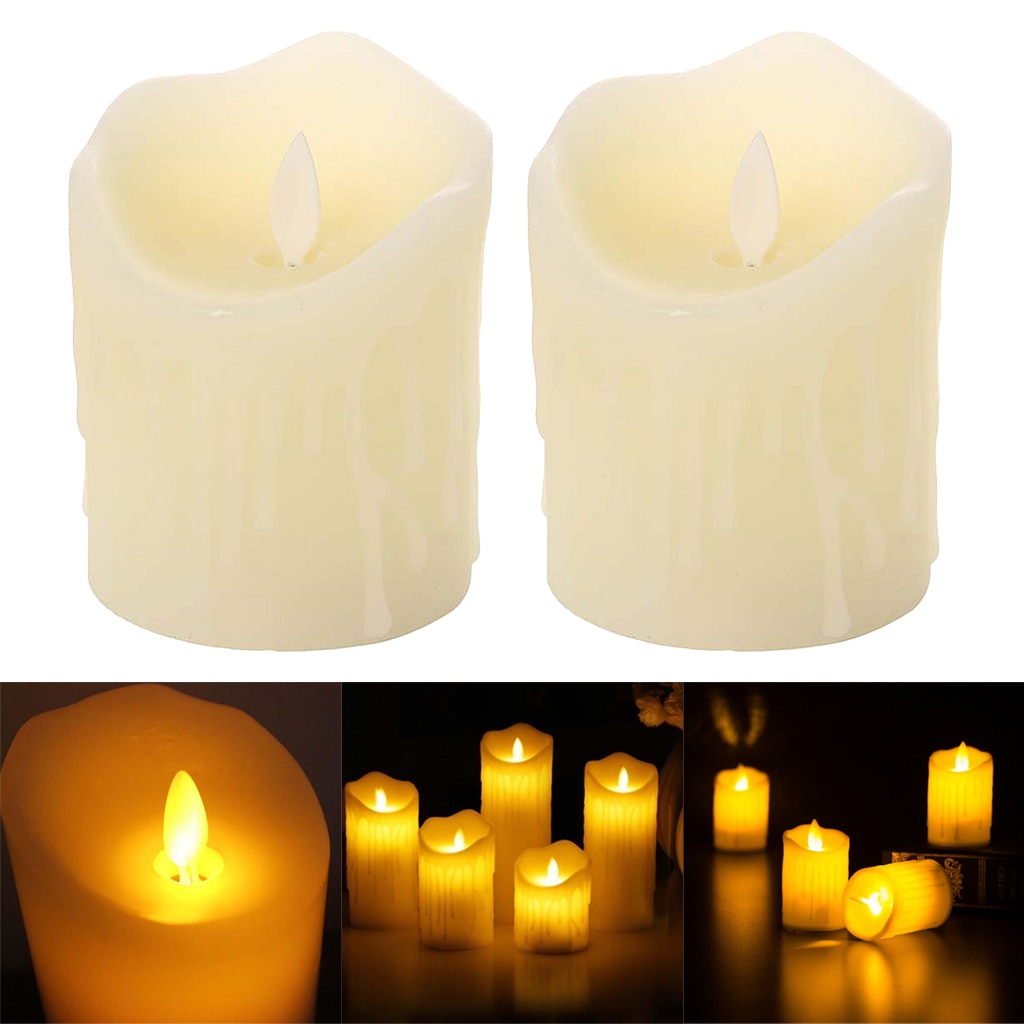 2Pcs Flameless Wax LED Flickering Candles Dancing Battery Mood Lights