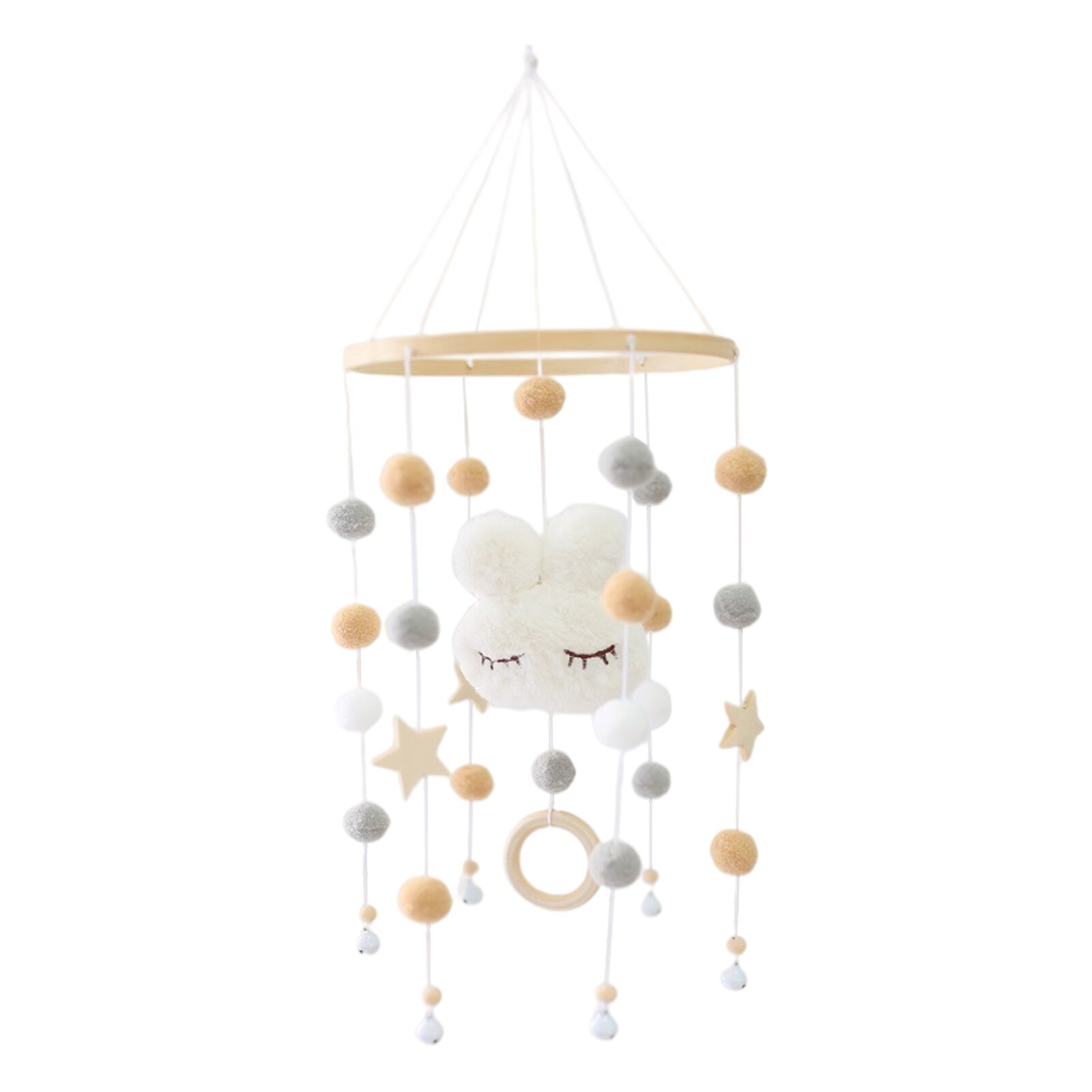 Baby Crib Mobile Wooden Handmade Bunny Baby Bell With Colorful Felt Balls Baby Bassinet Mobile Pendant Toys For Baby Bed Nurser: white