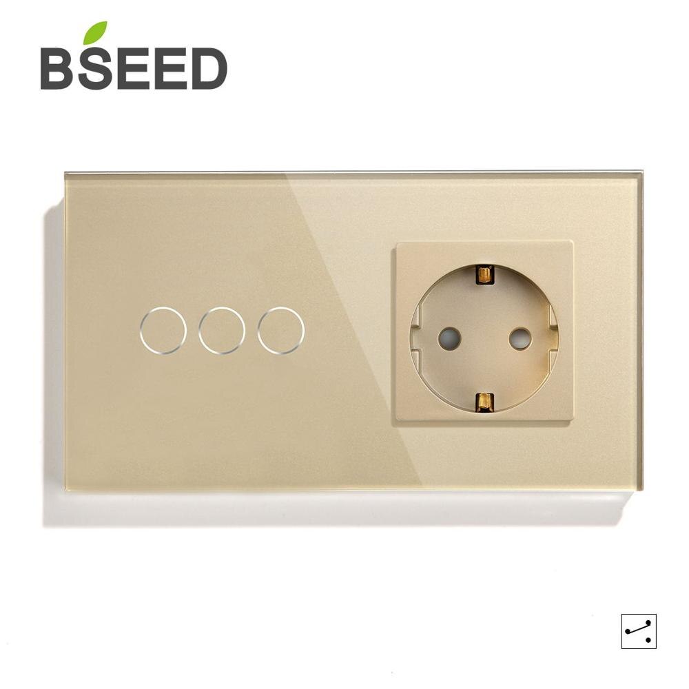 Bseed eu standard touch-afbryder 3 gang 1- vejs 2- vejs vægkontakt stik 3 farver krystal glas panel touch switch hvid sort glod: Gloden stikkontakt / 3 gang 1 vej