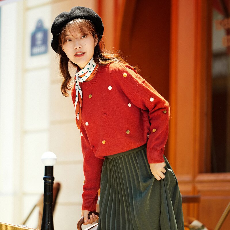 Inman høst vinter farge polka ball dekorasjon ribbet genser genser varme og kawaii stil vindtett jumpe: Oransje rød / M