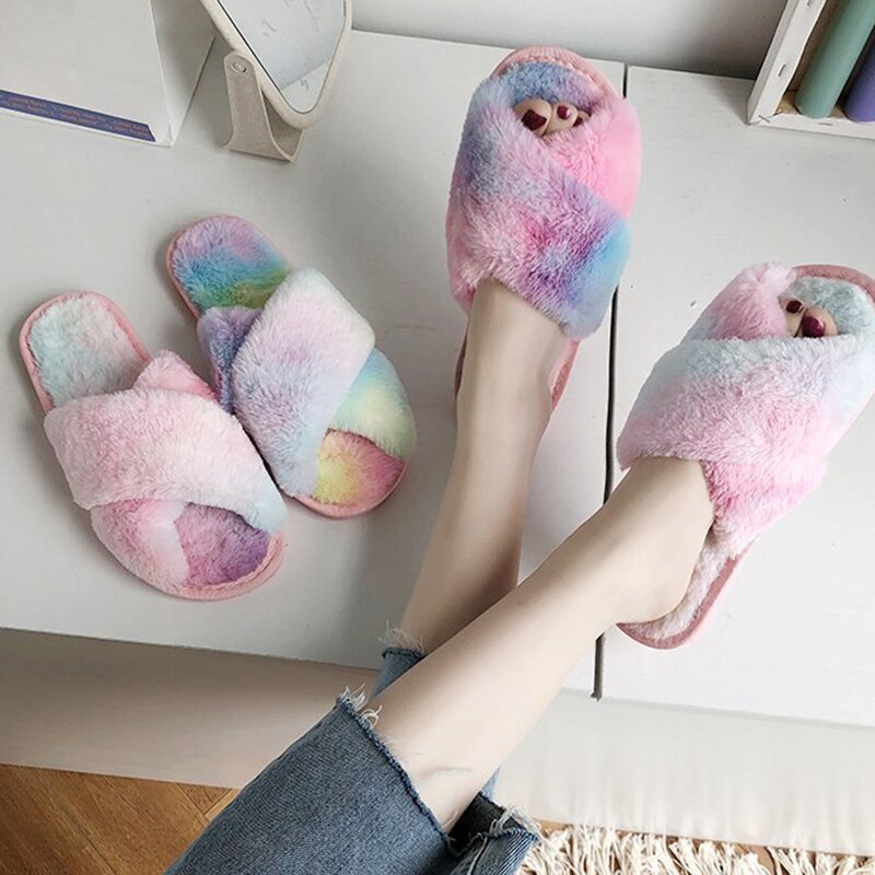 Multi-color Women Fluffy Slipper Shoes Winter Cross-tie Plush Slippers Flat Shoes Warm Faux Fur Slipper Home Ladies Shoes