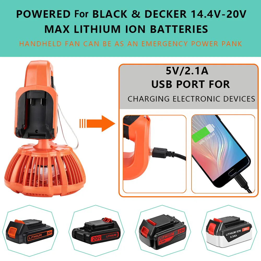 Tragbarer Campingventilator für Schwarz Decker, 20 V Akku, tragbarer Zeltventilator, 3 Geschwindigkeiten, 3 Modi, verstellbare LED-Leuchten mit Fernbedienung