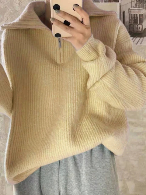 Frauen Rollkragen Reißverschlüsse Frauen zur Seite fahren Solide verlieren zur Seite fahren Langarm Beiläufige Gestrickte zur Seite fahren Frau Winter 2025: M / Gelb