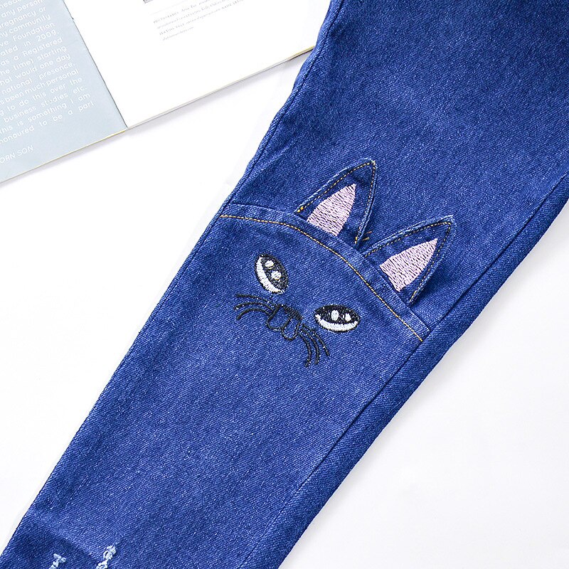 Filles jean dessin animé chat broderie pantalon automne bébé fille vêtements Denim pantalon pour enfants adolescent vêtements