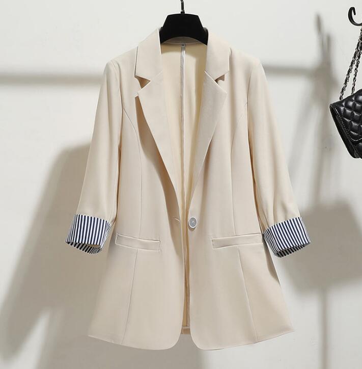 Blazer printemps et été coréen en lin, Slim, Patchwork, rayé, grande taille, vêtements de travail, manteau avec un seul bouton, F61210: apricot / XXXL(82.5-92.5kg)