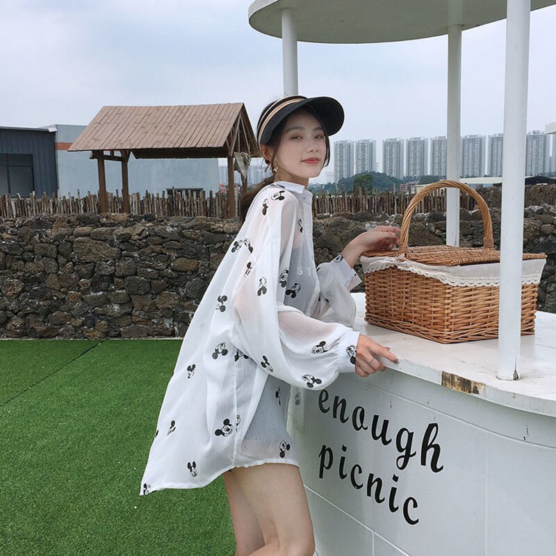 Women Spring Summer Style Transparent Chiffon Blouses Shirts Lady Casual Long Sleeve See Through Anti-sunshine Top