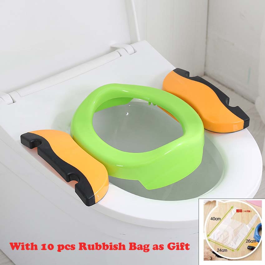 Children Plastic Toilet Potties Seat Chamber Pots Kids Trainers Comfortable Portable Toilet Ring Baby Travel Potty Folding Chair: Green with 10Pcs bag