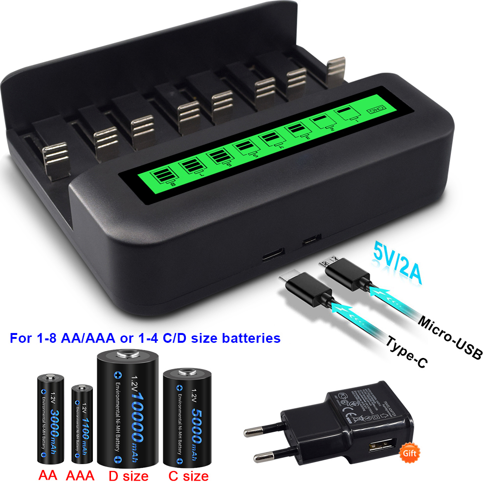 CITYORK-batería recargable de tamaño D, pila R20 de 10000mAh, 1,2 V, NI-MH D, cargador de batería para C, D, AA, AAA