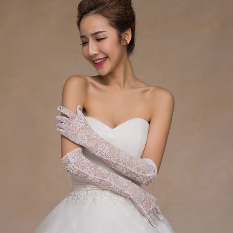 Trouwjurk Accessoires Charm Bridal Handschoenen Wit Kant Met Vinger Lange Handschoen Elegante Dame Bruid Prom Sieraden