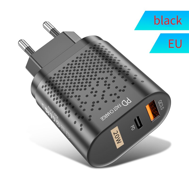 EU UNS UK Stecker PD 20W USB C Ladegerät Schnell Ladung 4,0 3,0 QC 4,0 PD 3,0 PD USB-C typ C Schnelle USB Ladegerät Für iphone 13 12 12Mini: EU Black